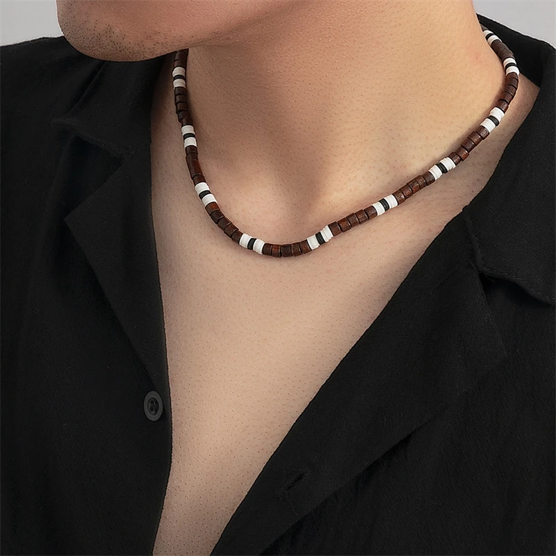 Bohemian Soft New Ceramic Piece Spliced Wooden Bead Men's Necklace Collarbone Chains 4LHQ