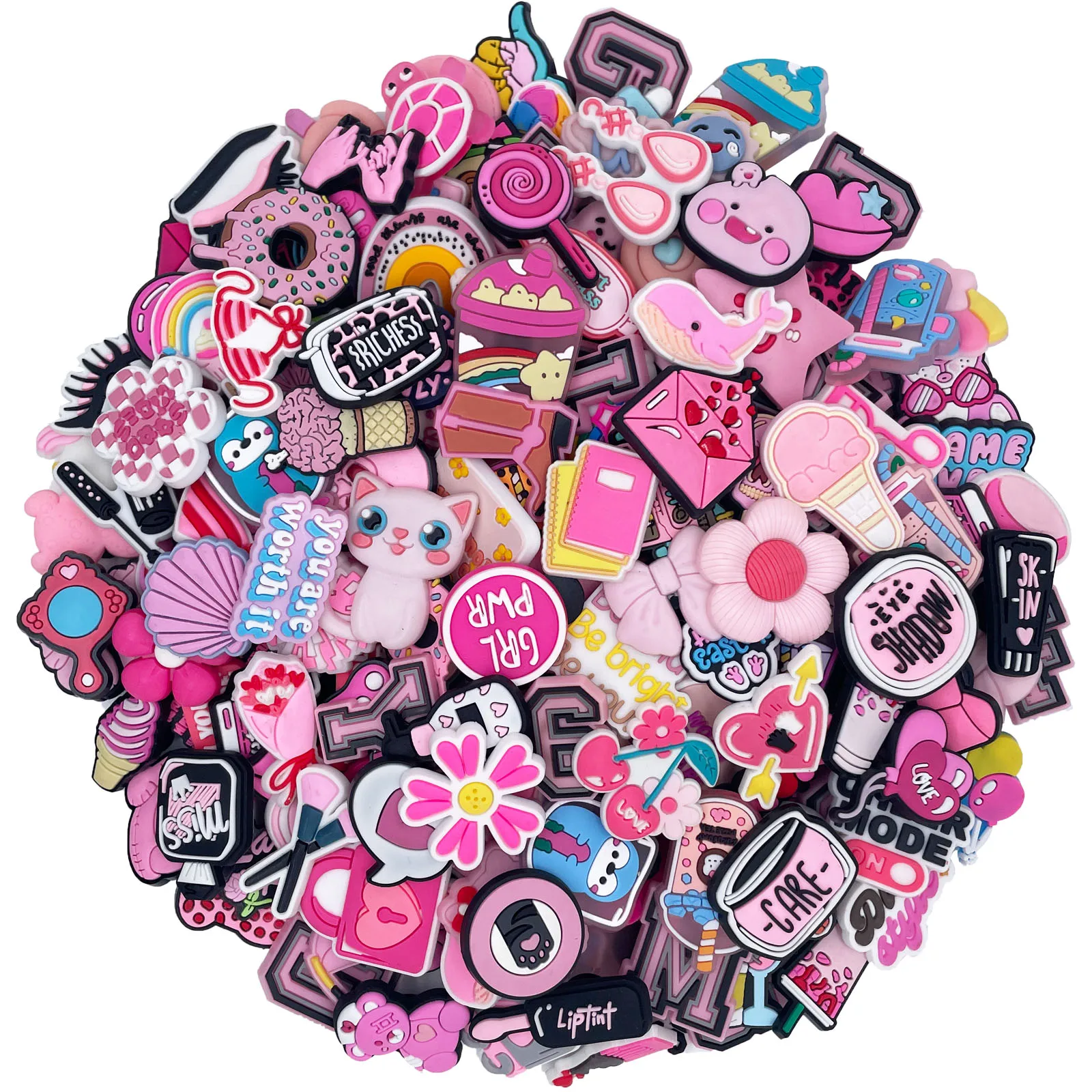 Random 10-100Pcs Pink Series Shoe Charms For Shoe Key Chain Sandals Beach Bags, DIY Shoe Decoration Accessories Shoes Pins