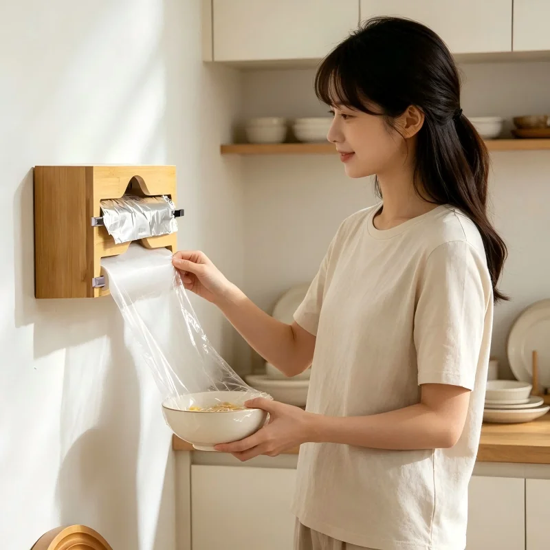 Wall Mounted Bamboo Foil Dispenser with Built-in Cutter - Kitchen Cling Film Wrap Organizer and Storage Rack for Home Use