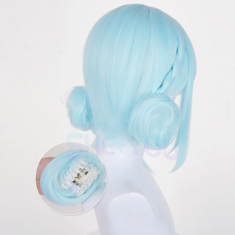 อะนิเมะ Ineffa คอสเพลย์วิกผมสีฟ้า Buns 30 ซม.คอสเพลย์วิกผมสังเคราะห์ทนความร้อนผมฮาโลวีน + หมวกวิกผม