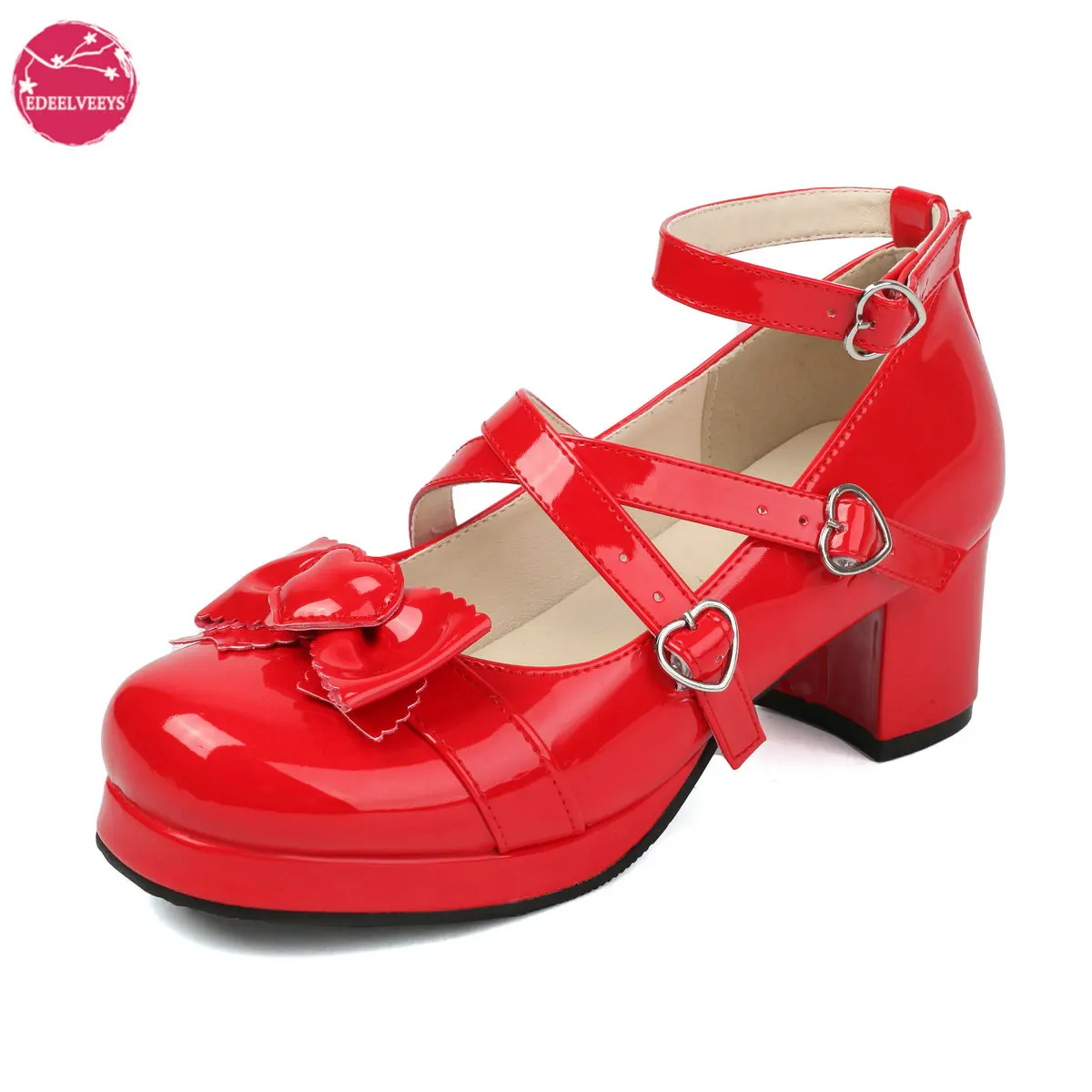 

Women's Chunky Heel Platform Mary Jane Pumps Cross Ankle Strap Ruffled Bow Lace - Princess Lolita Red Kawaii Party Wedding Shoes