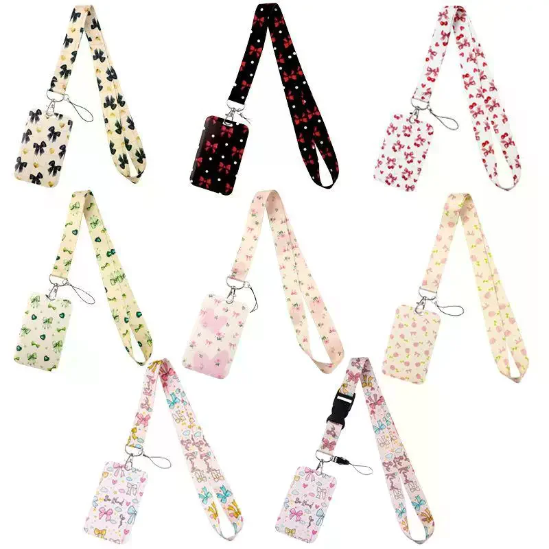 Cute Bow Printed Lanyard: Clear ID Card Holder Durable Detachable Strap Students Office Workers