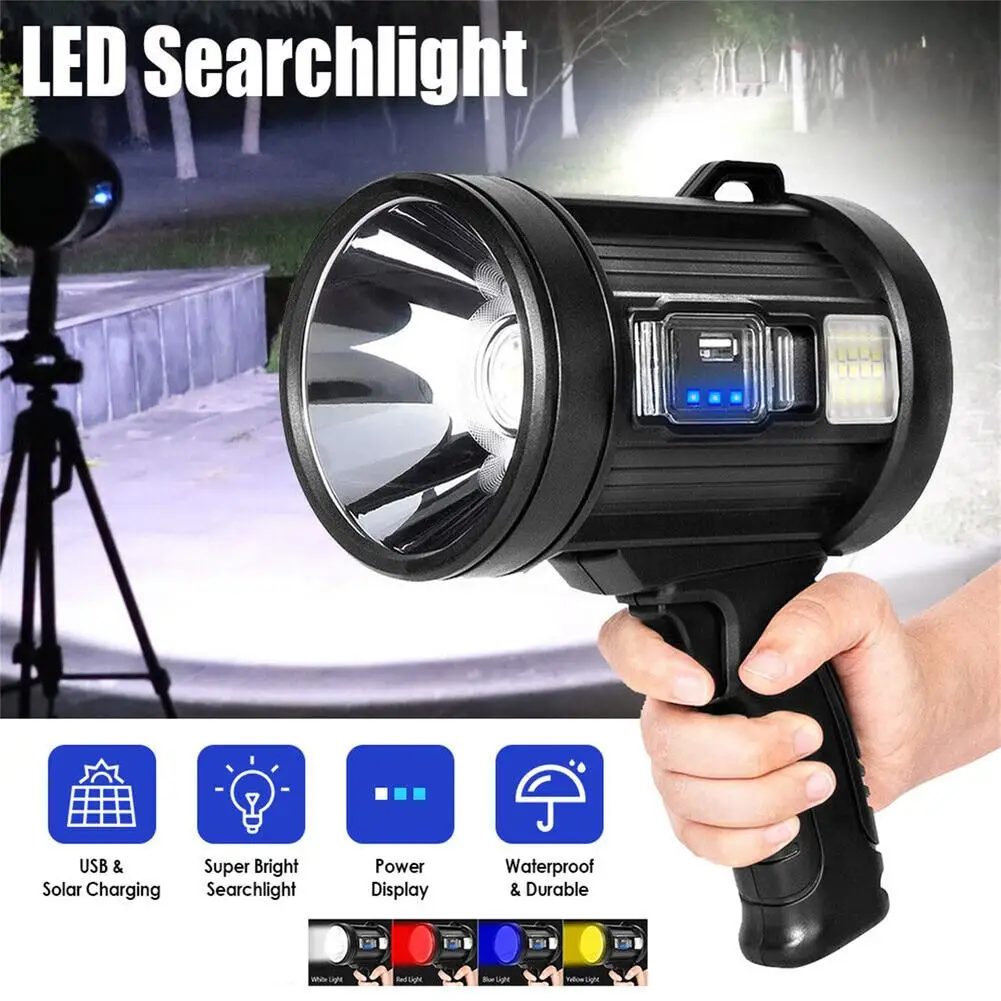 Solar Led Searchlight Spotlight 6000mah Rechargeable Battery 15800 Lm Super Bright Flashlight Outdoor Adventure Emergency Tool