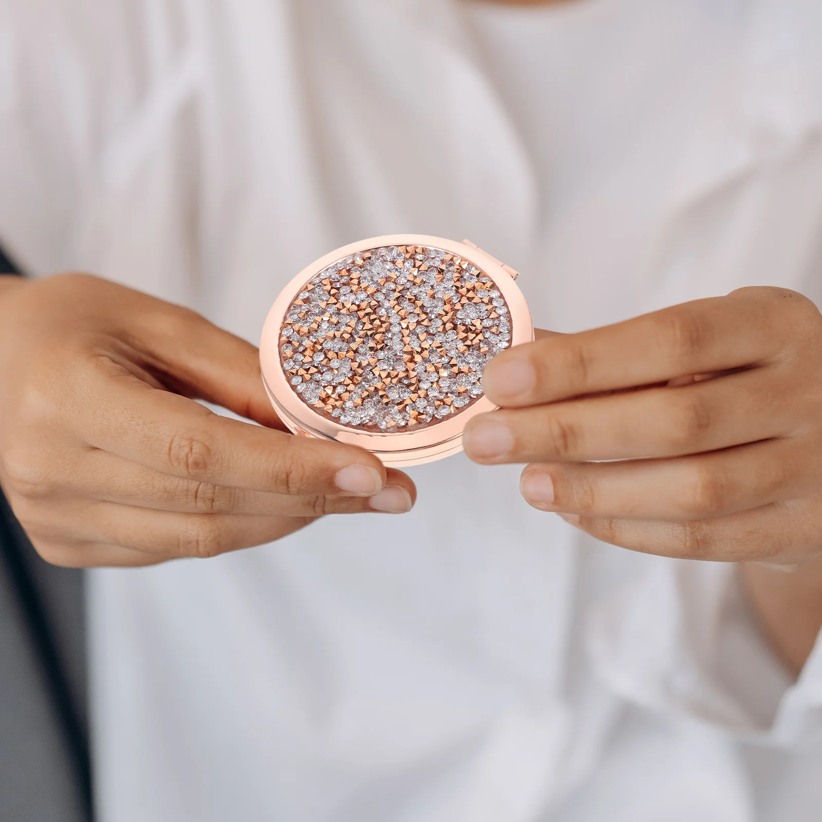 مرآة مكياج صغيرة محمولة باللون الذهبي الوردي قابلة للطي، مرآة صغيرة الحجم من حجر الراين، حجم السفر، محمولة للمرايا الشخصية للمحفظة #4