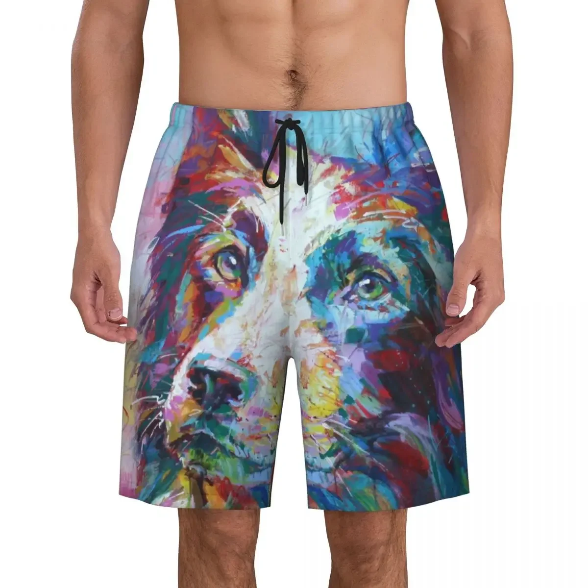 Custom Cute Colorful Border Collie Swim Trunks Mens Quick Dry Board Shorts Pet Dog Swimwear Suits Boardshorts