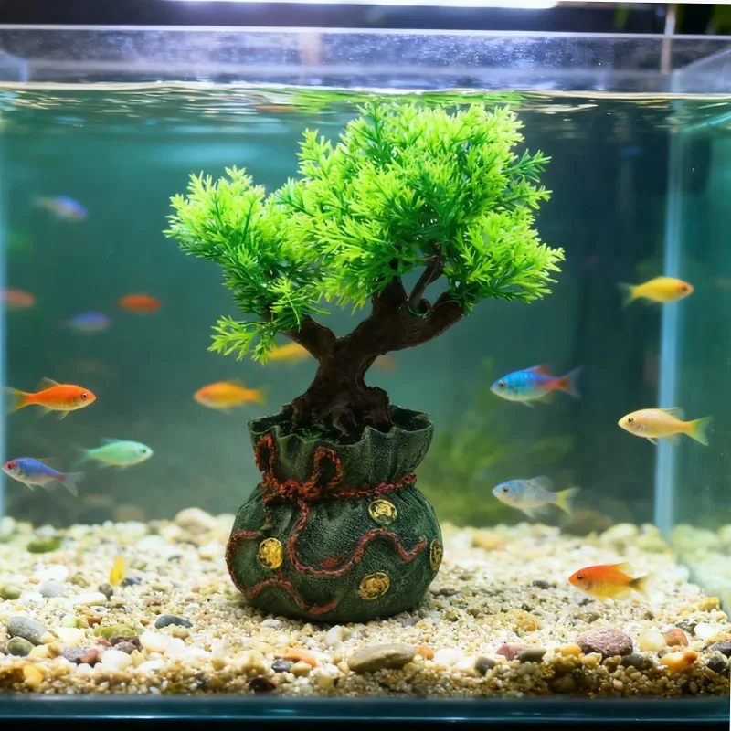 Aquarium Money Bag Tree & House Ornament Fish Tank Landscape Bonsai Decor Accessories Underwater View Layout Decoration