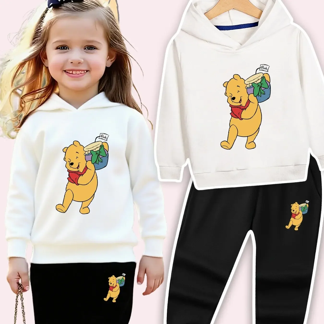 

Winnie the Pooh Girls' 2pcs Hooded Sweatsuit Set - Soft Long Sleeve Pooh Bear & Tigger Outfit with Heart & Honey Pot Design