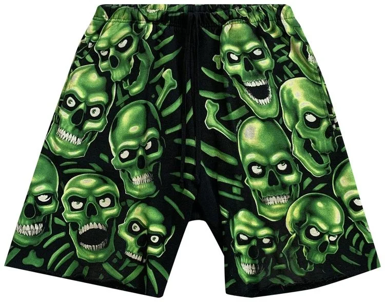 

2026 New Black Green Skull & Bone All Over Print Mens Shorts Elastic Waist Running Workout Gym Sports Male Casual Shorts