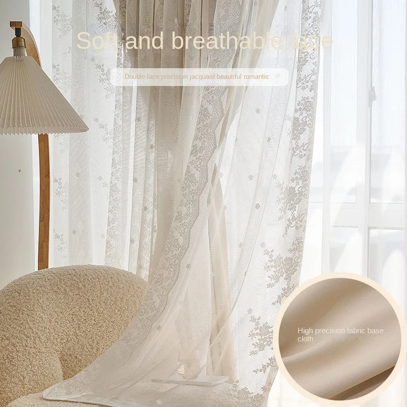 French Cream Lace Curtains Bedroom Blackout Balcony Shade Curtain Luxury Curtains for Living Room Girl Ins Wind Room Decoration