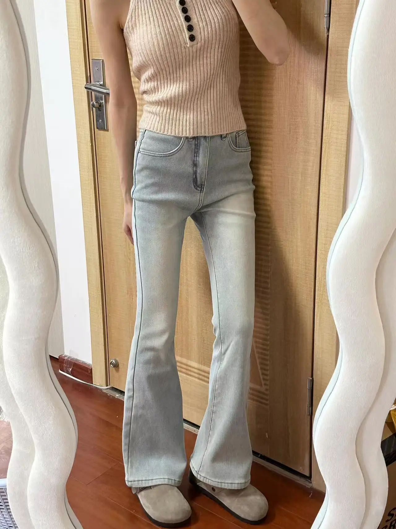 Light Blue Fleece Lined Bootcut Jeans Women's High Waist Washed Denim Pants Winter Warm Tapered Capri Crop Flared Jeans