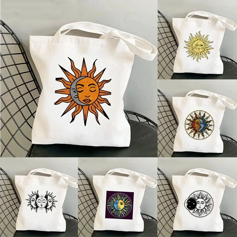 Retro Women\'s Canvas Shoulder Bag Sun and Moon Printed Kawaii Bag Eco-friendly Large Capacity Portable Shopping Bag Tote Bag