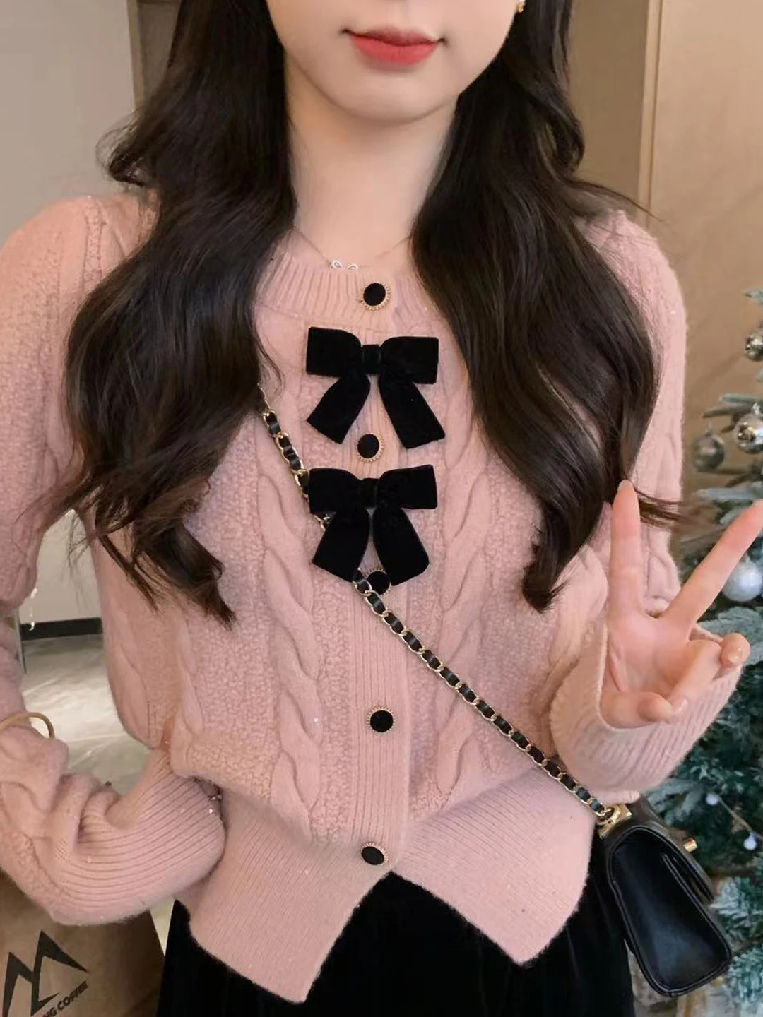 Red Knitted Sweater with  Knot Small Fragrance Style Pink Commute Light Beige Large Size Spring Autumn Cardigan