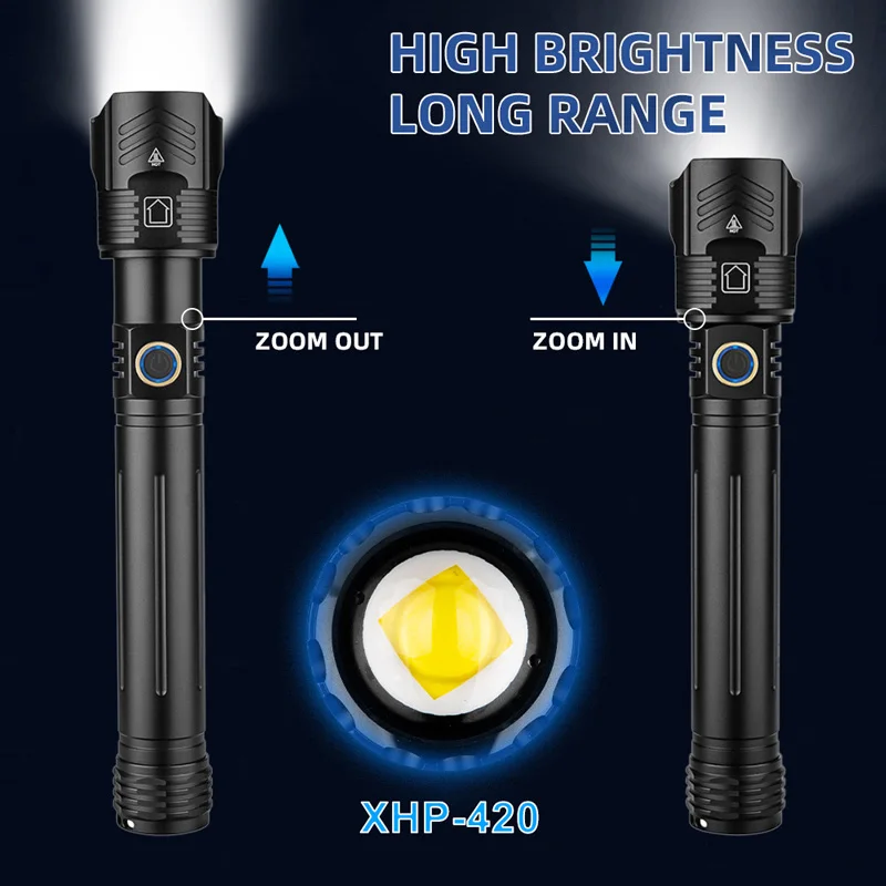 30000 Meters Ultra Long Shot Power LED Flashlight 3000W USB Lantern NEW XHP420 Tactical Torch Input/Output Zoom Light Waterproof