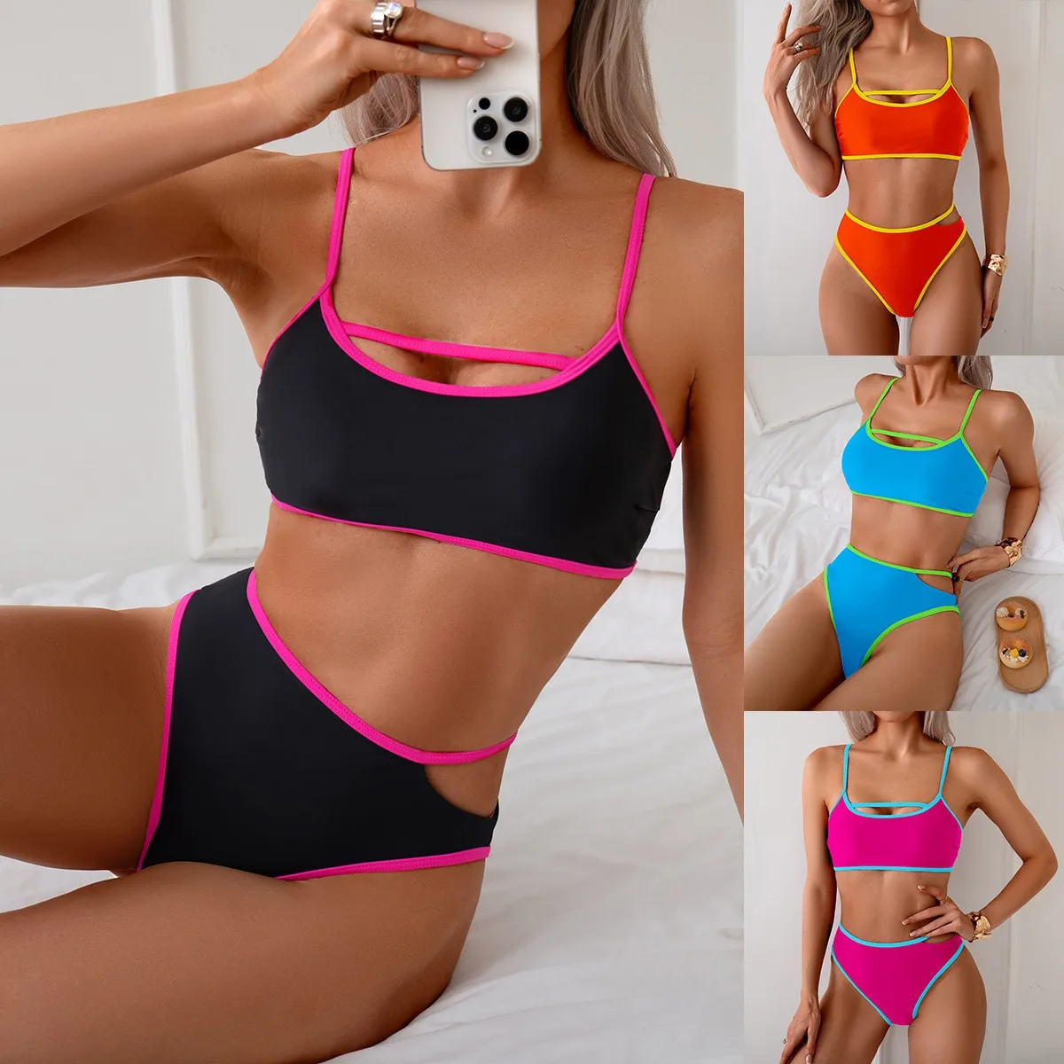 

Backless Bikini Sleeveless Cropped Top High Waisted Brief with Side Cut Out Contrast Trim Thin Straps Square Neckline Black