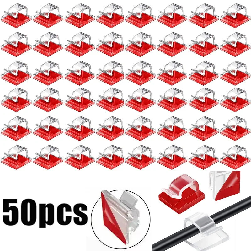 50pcs Cable Organizer Clips Wire Winder Holder Cord Protector USB Cable Management Self-adhesive Hook Clamp For Earphones Mouse