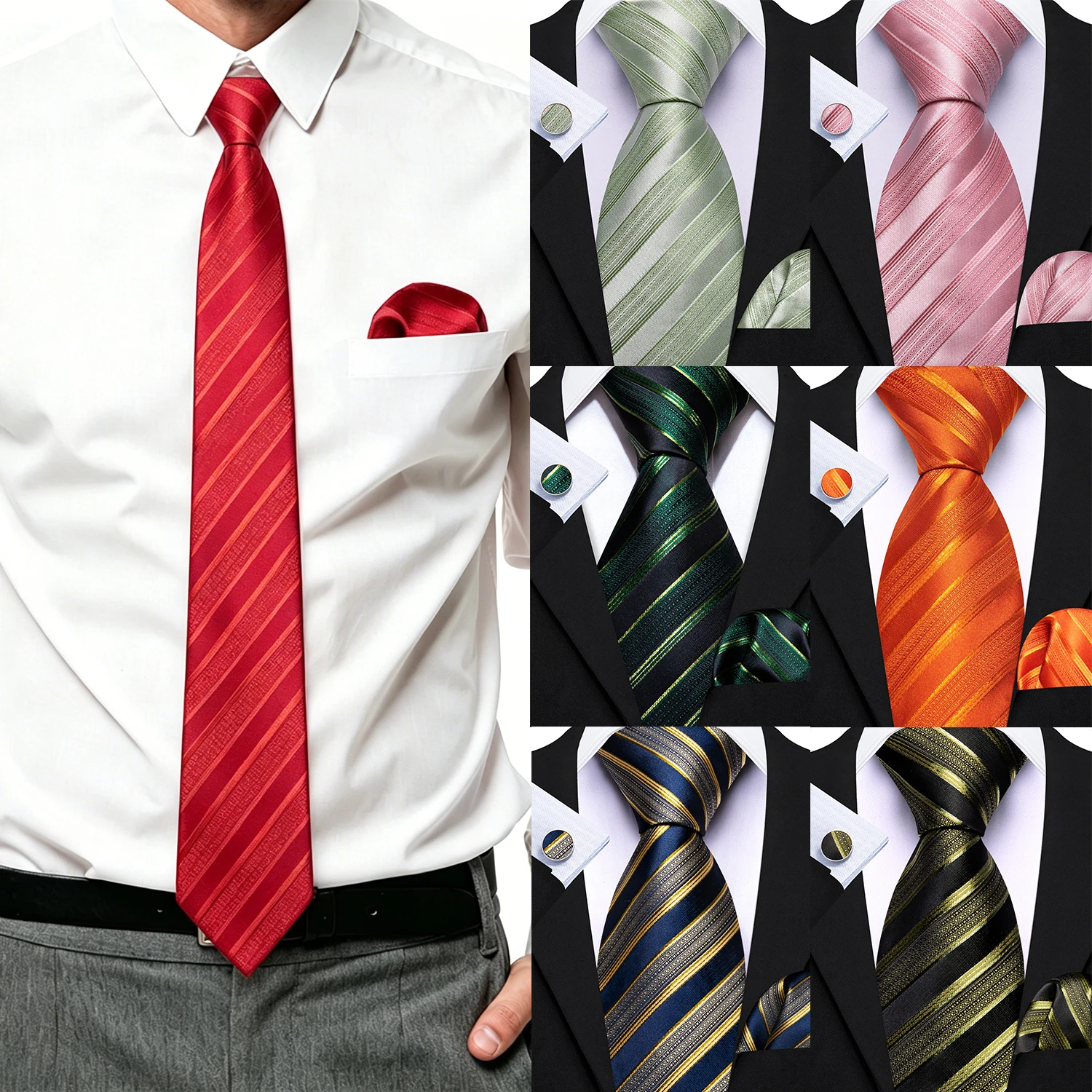 Herren Rot-Grün-Gold-Pink Diagonal Gestreiftes Krawattenset mit Einstecktuch und Manschettenknöpfen, 3-teilig, für formelle Anlässe, Business und Hochzeiten