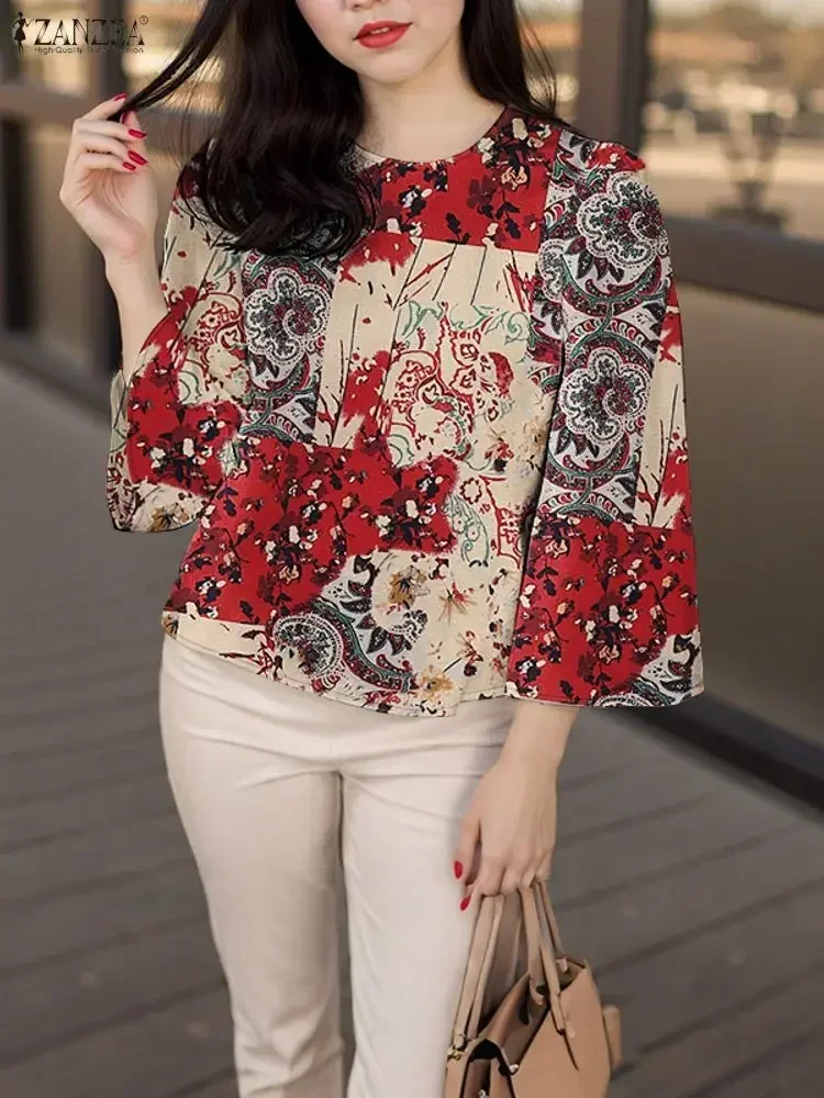 

Женская винтажная блузка, рубашки из 100% хлопка ZANZEA, мода 2024, осенняя элегантная уличная одежда с рукавами 3/4, Blusas, женские топы