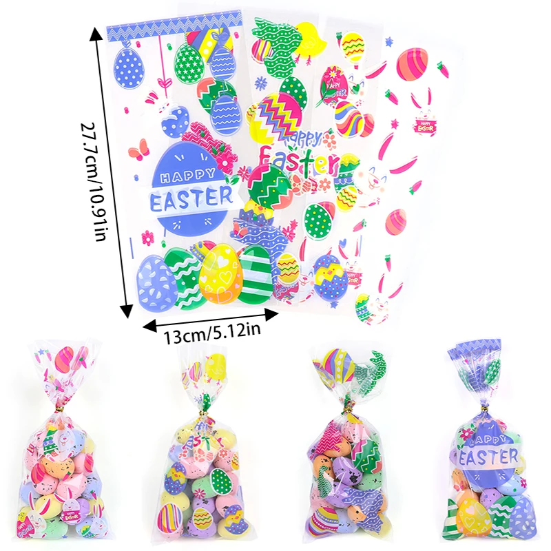 50pcs Mixed Happy Easter Candy Bag Colorful Easter Egg Bunny Cookies Gift Packing Plastic Bag For Spring Easter Party Home Decor