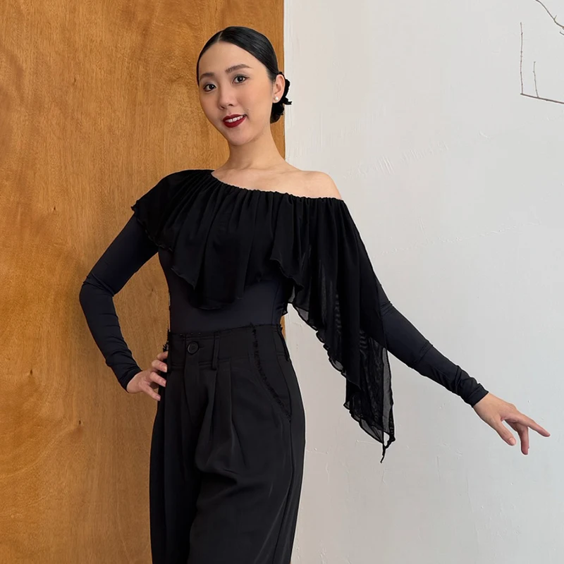 Schwarz Mesh Ballroom Dance Kostüm Frauen Lange Ärmel Bühne Body Erwachsene Walzer Modern Dance Performance Praxis Tops XH2919