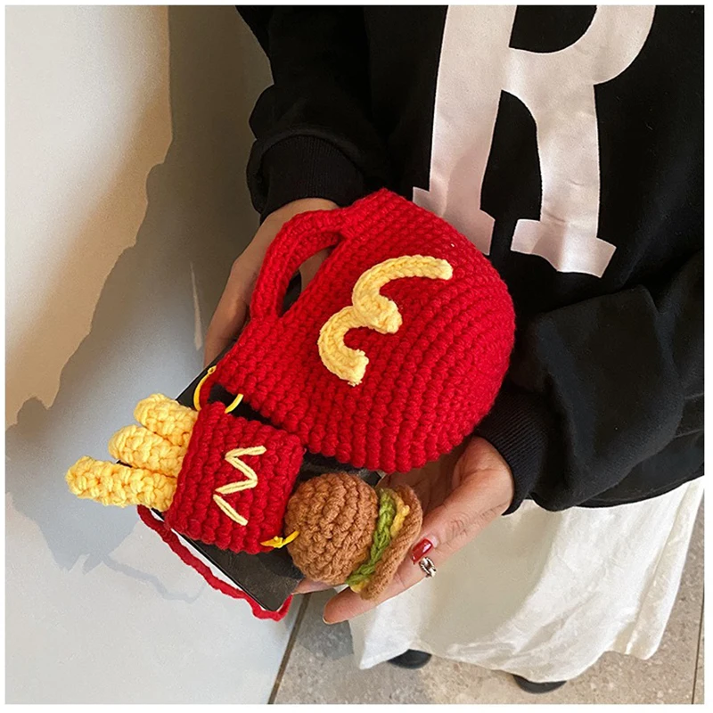 MINISO Handmade Crochet Burger Fries Woolen Bag Cute Bag Shoulder Small Crossbody Bag