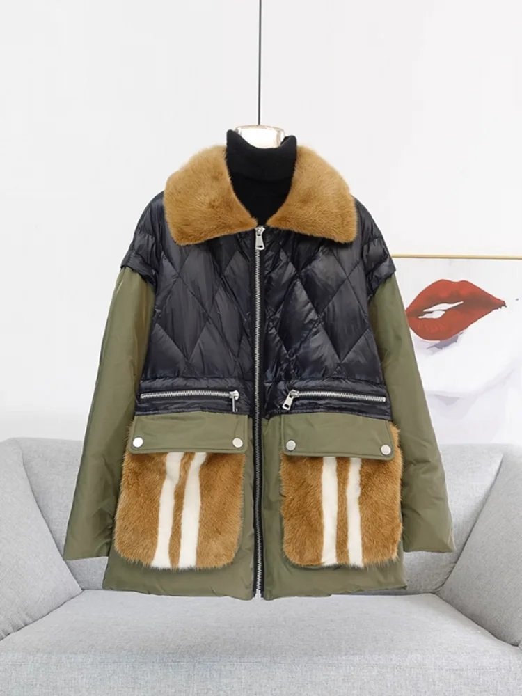 Winter Women Patchwork Mink Fur White Duck Down Jacket Vintage Thick Warm Overcoat High Quality Down Coat Oversized Streetwear