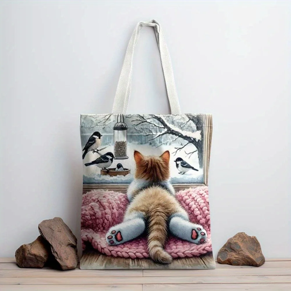 A Cat theme pattern printed canvas tote bag, suitable for daily use, shopping, school, and travel