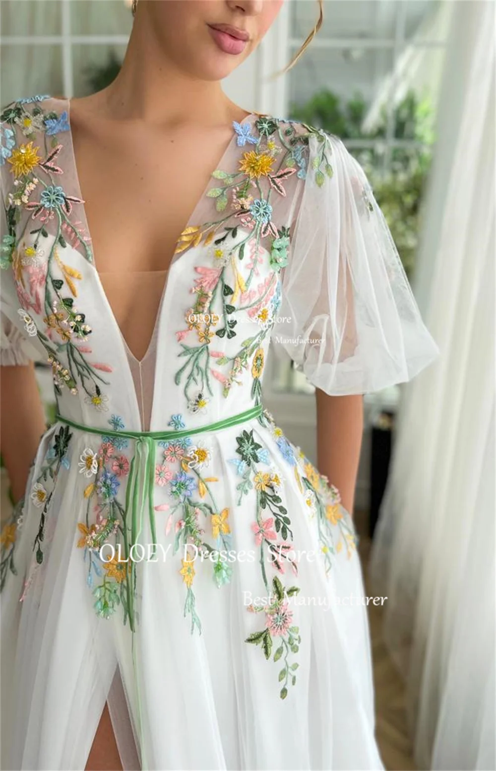 Oloey requintado branco floral vestido de casamento profundo decote em v mangas puff vestido de noiva alta fenda bordado botão de renda volta personalizado