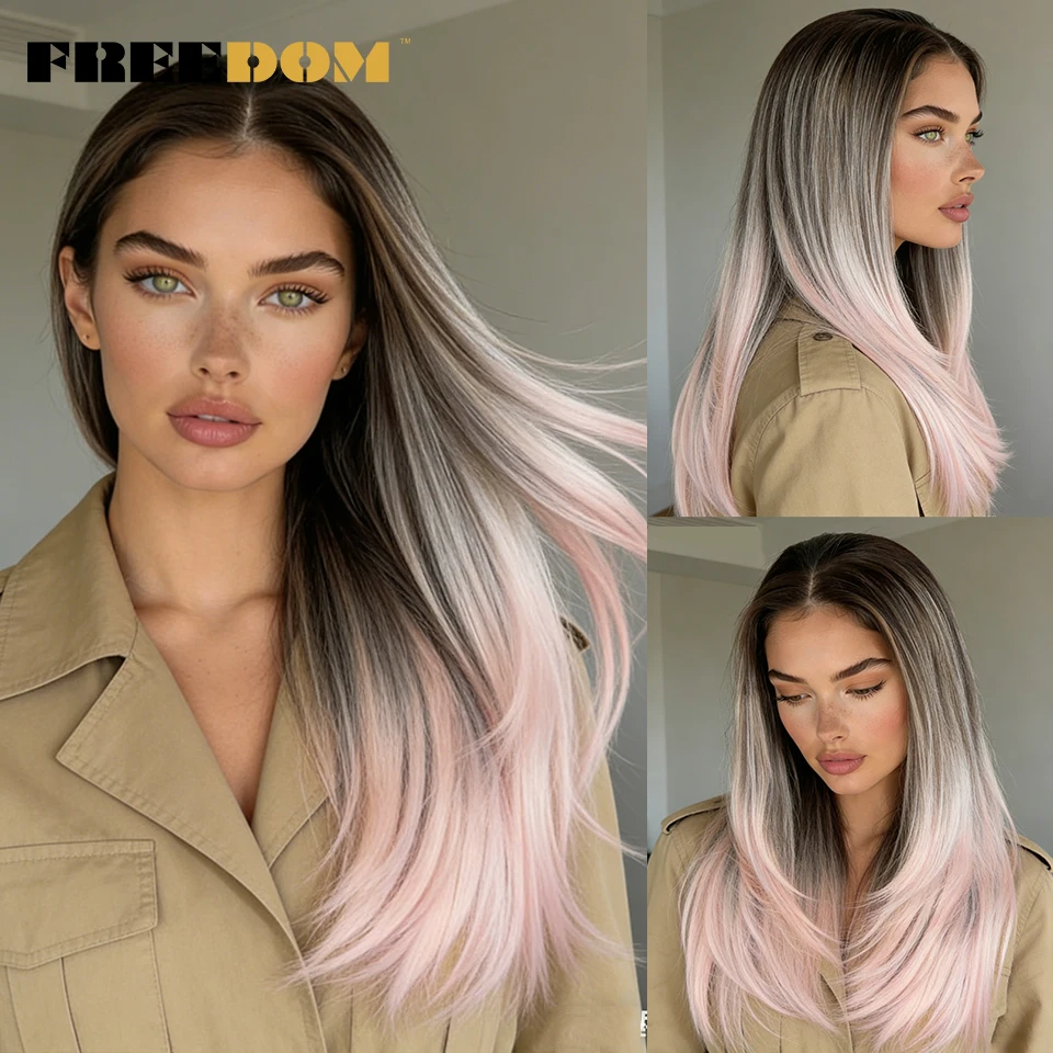 

FREEDOM 13x3 Straight Synthetic Lace Front Wigs For Women 18 Inch Ombre Brown Pink Layered Lace Wig Pre-plucked Daily Party Wig