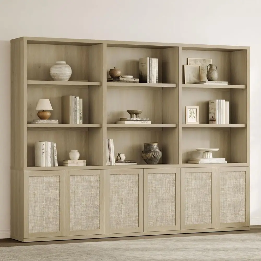 

5-Tier Sand Oak Rattan Bookcase with Storage Cabinet, Large Home Office or Living Room Bookshelf Set (3 Pieces)