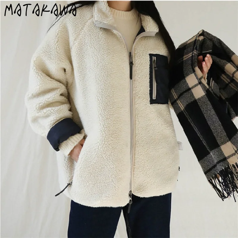 Matakawa 4 Colors Autumn Winter Coats Women Lamb Wool Thick Autumn Winter Jackets Stand Collar Zipper Japan Style Chaquetas