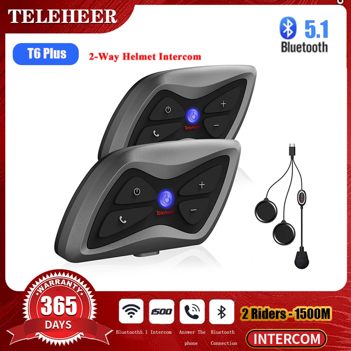 

2Pcs/Set Teleheer T6 Plus Bluetooth Motorcycle Helmet Intercom Headset 1500M BT Interphone Communicator for 2 Riders Waterproof