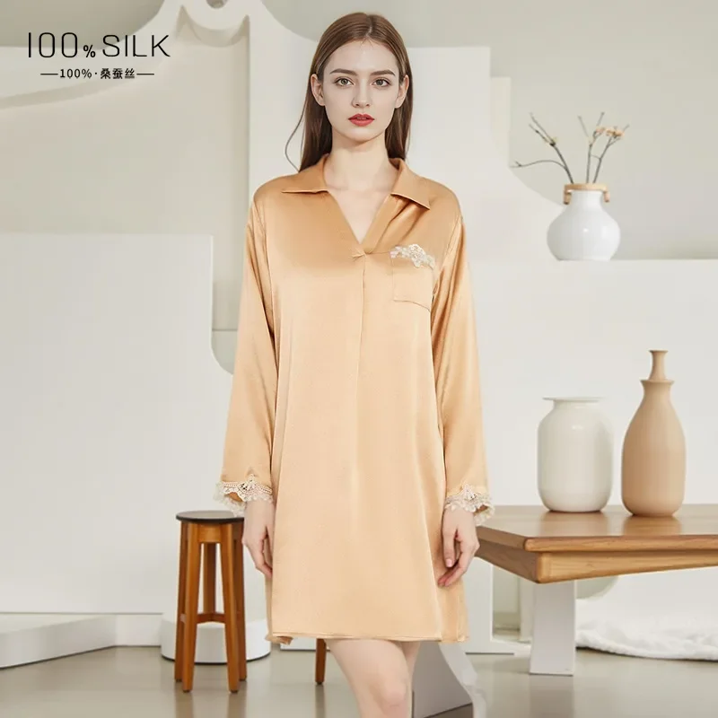 

100 Mulberry Silk Lace Trim Sleepshirt Chemise Women's Long-Sleeve Summer Nightgown Sexy Shirt Dress Nightdress Sleepwear Pajama