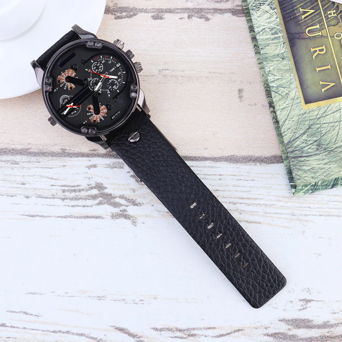 Relógio de pulso masculino com mostrador grande, relógio de pulso elegante em pu, preto, dois movimentos, calendário, presente para amigos masculinos