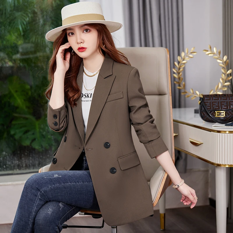 

Woman's Spring and Summer Retro Casual Long-sleeved Suit Jacket Commuting Solid Color Loose Double-breasted Suit Collar Blazers