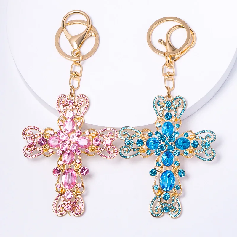 

Heart Gem Cross Keychain Ring Car Backpack Key Pendant Rhinestone Metal Keychain