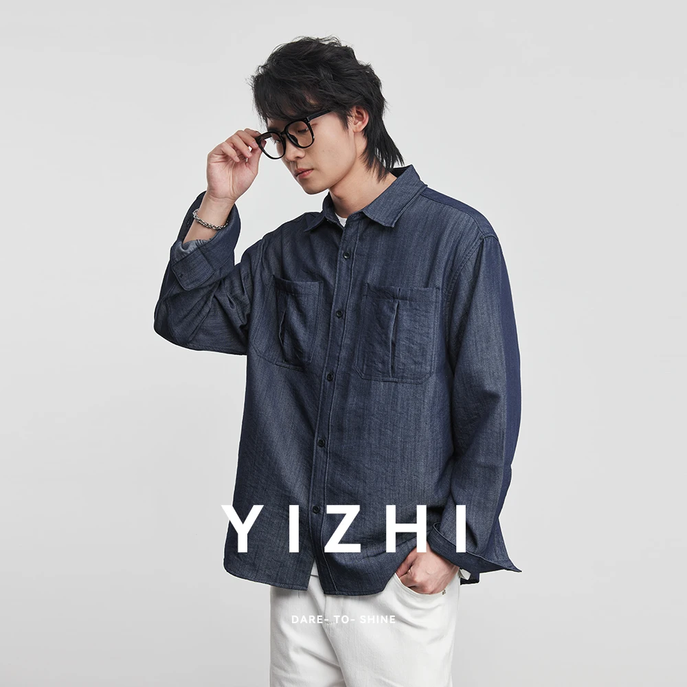 Fashion Men's Imitation Denim Long-sleeved Shirt 2025 Spring New Crumpled Stitching Double Patch Pocket Shirt Casual Thin Jacket