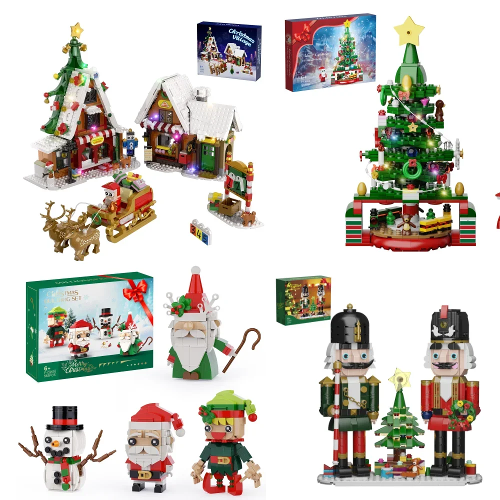 2024 Christmas Tree House Snow Village Building Block Set Gingerbread House New Year Nutcracker Atmosphere Decorations Kids Toy