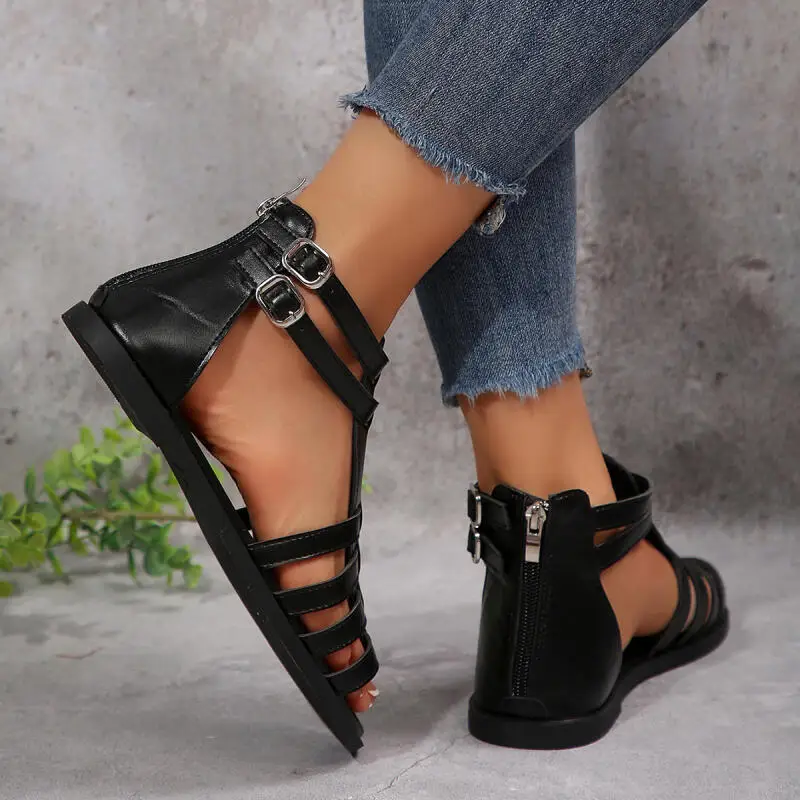 Vintage Flat Heel Black Gladiator Sandals Women Summer Metal Buckle Designer Back Zip Sandals Plus Size Woman's 2026 New Shoes view 3