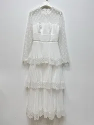 Quality Summer Autumn Tulle Lace Embroidery White Cake Dress Women Long Sleeve Midi Prom Evening Dresses Lady Party Robe Wedding