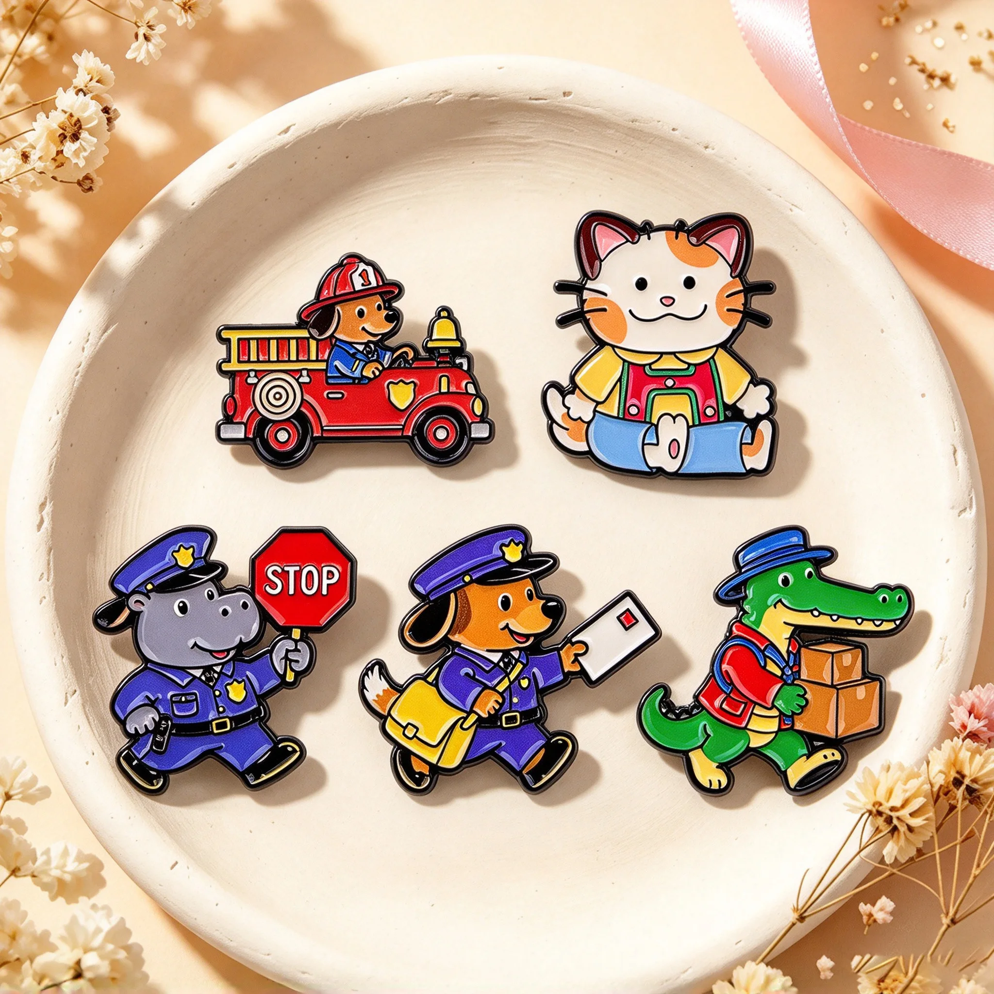 Cute Cartoon Animal Jobs Enamel Pins with Dog Cat Hippo Crocodile for Backpack Hats Clothes Bag Decors Accessories Gifts Friends