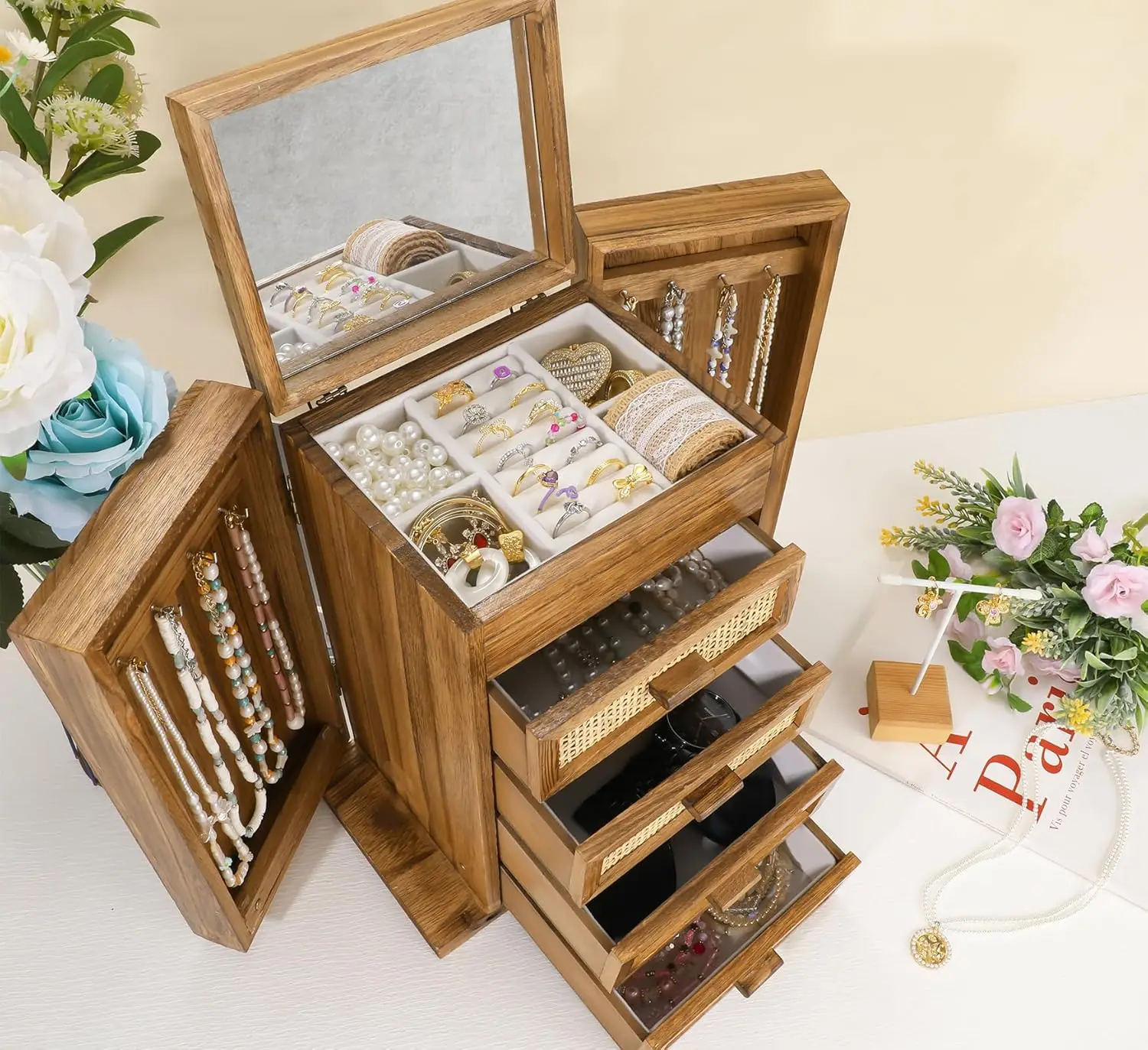 5-Layer Rattan Jewelry Box with Mirror & 4 Drawers, Wooden Organizer for Rings Earrings Necklaces Bracelets