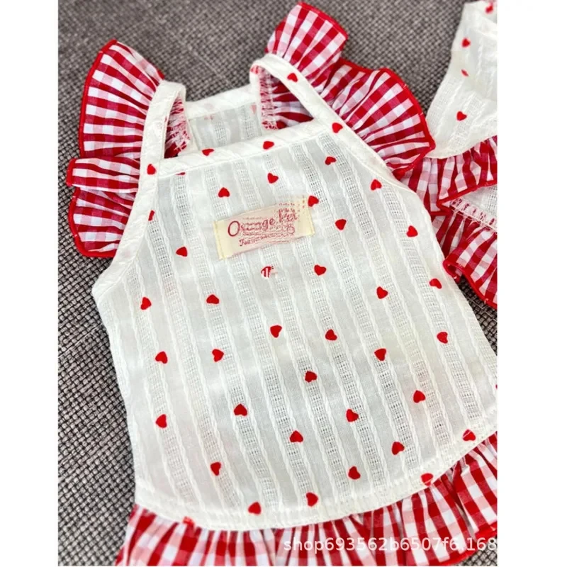 Pet Plaid Lace Dress Heart Pattern Dog Skirt Breathable Puppy Clothes for Small Dogs Cats