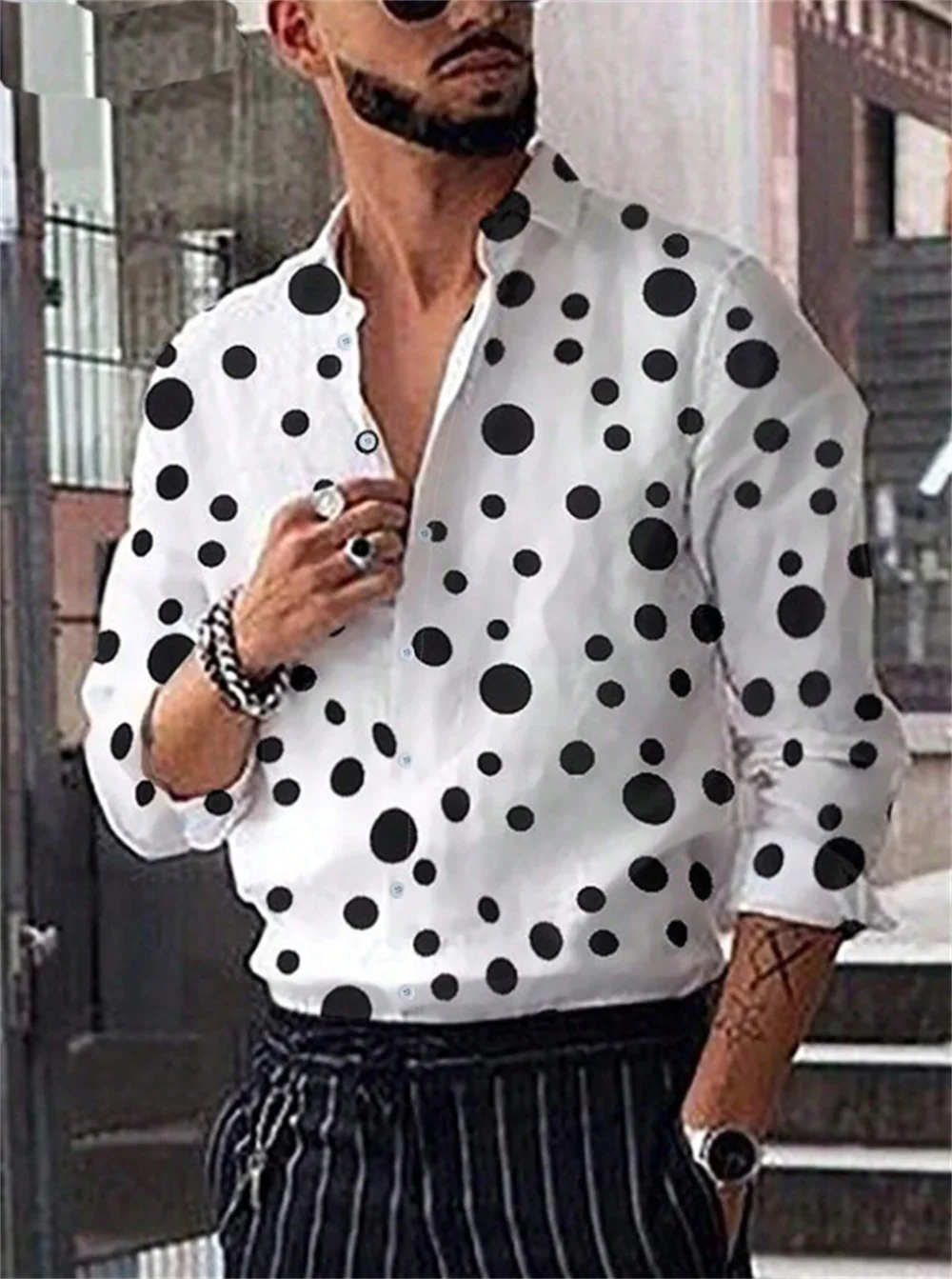 Men\'s shirt pattern shirt polka dot collar black white blue purple street casual long sleeve clothing fashion streetwear design