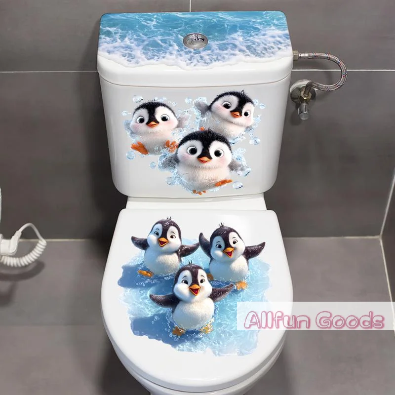 [TG835]Swimming Little Penguin Toilet Sticker, Self-adhesive Waterproof, Bathroom Decoration Decal, Toilet Seat Cover Sticker