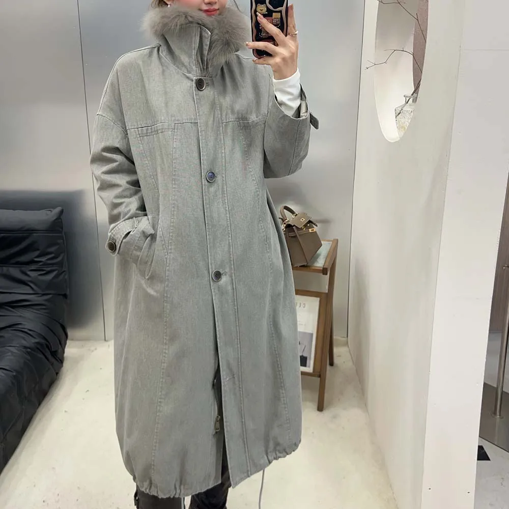 2025년 신상 가을 겨울 여성용 리얼 폭스 퍼 칼라 특별 구스다운 재킷 여성 럭셔리 코트 긴 소매 파카 재킷