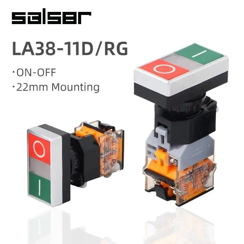 Interruttore a pulsante a testa piatta da 22 mm LA38-11D/RG Rosso Verde con luce ON-OFF Ripristino momentaneo Contatto in ottone/argento