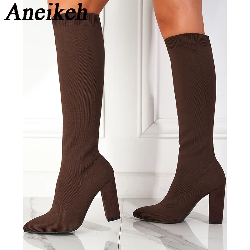 Aneikeh2024 Fashion Knitted Stretch Slip-On High BootsWomen's Pointed Thick Heels Modern Knee-High Long Boots Party Club Zapatos