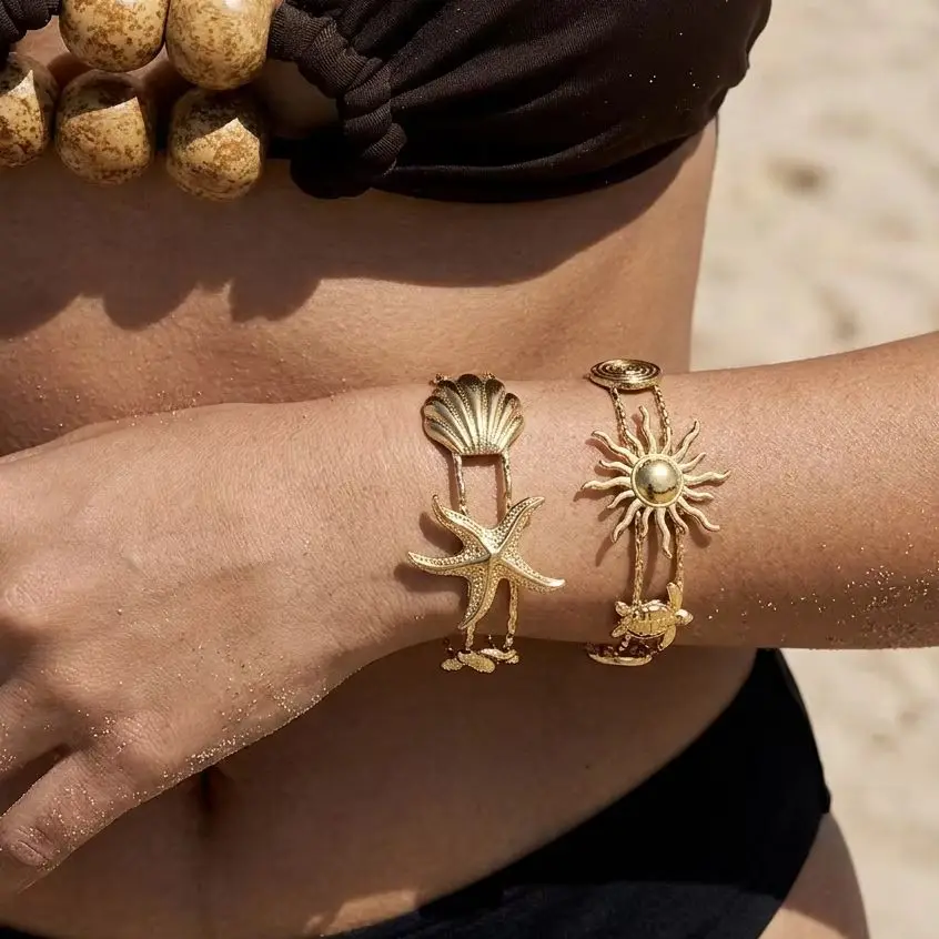 Stainless Steel Line Starfish Shell Cuff Bangles for Women Men Gold Color Cute Jellyfish Animal Bangles Summer Holiday Jewelry