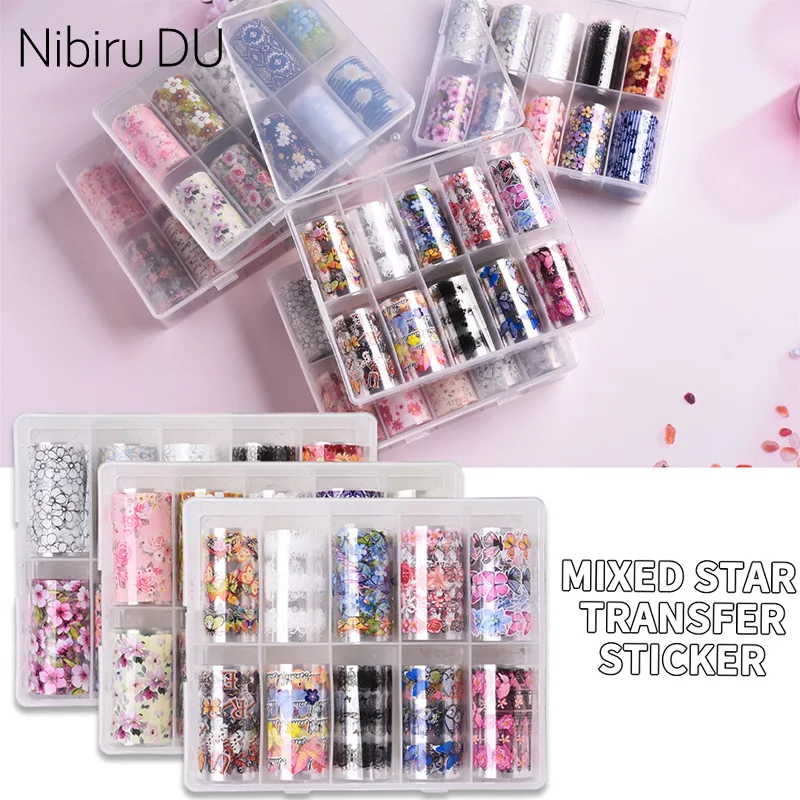 

10 Rolls Nail Transfer Foil Paper Stickers Set Holographic Adhesive Rose Flowers Designs Decal Manicure Nail Decor Accessories