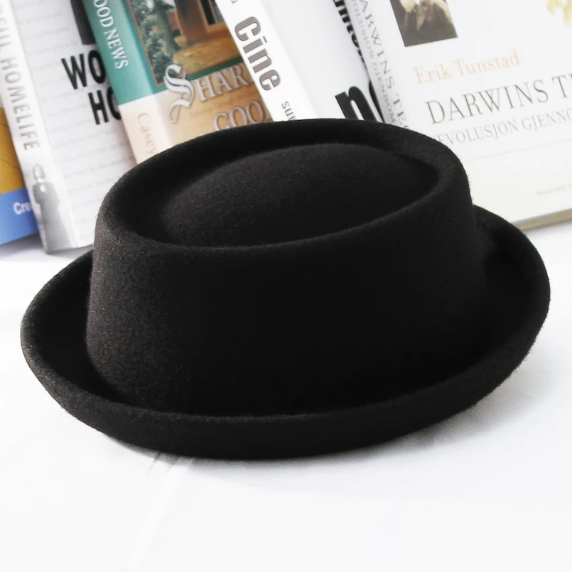 Klasik % 100% Yün Yumuşak Keçe Domuz Pie Şapka Fedora Erkekler Kadınlar için Sonbahar Kış Yün Şapka Kavisli Ağız Erkek Elbise Şapka